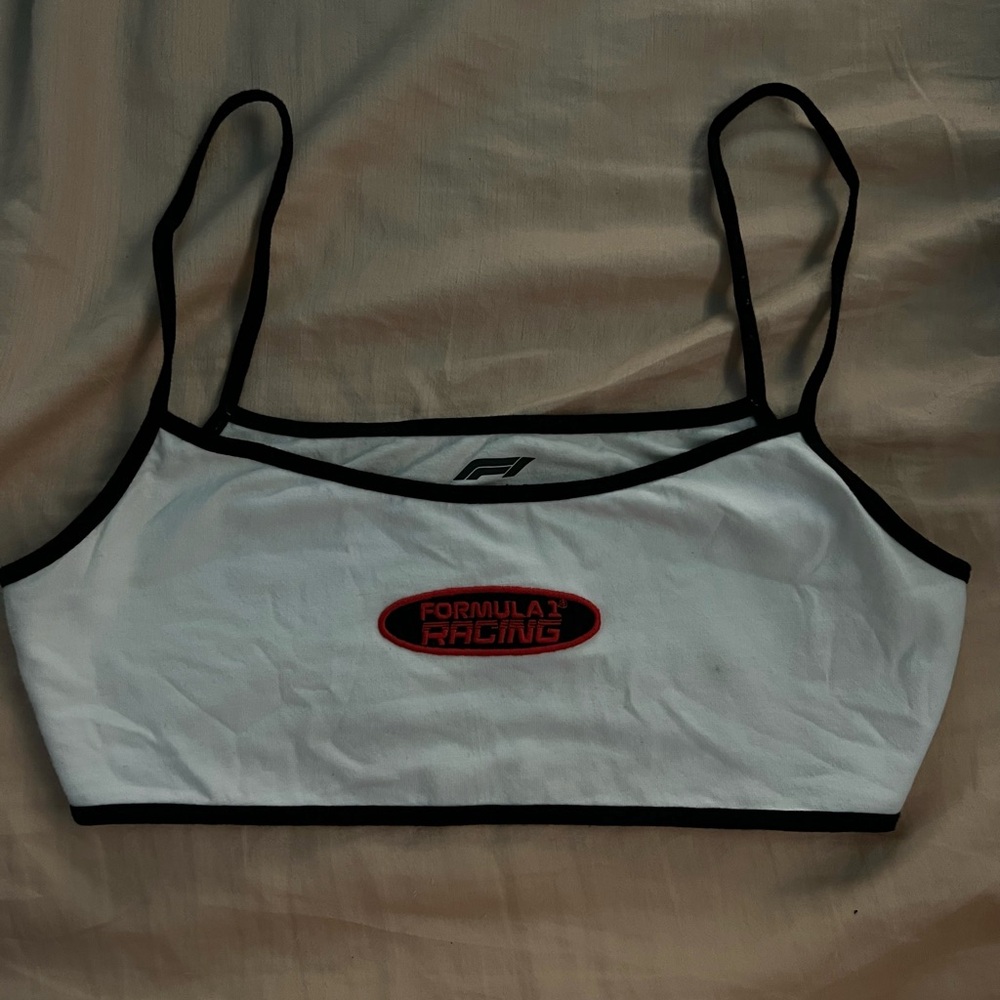 PacSun Formula 1 White Cropped Tank with Black Trim